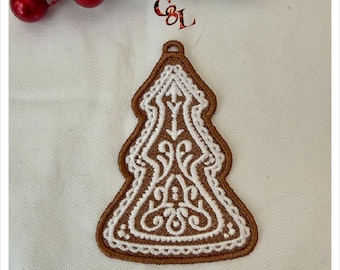 Adorno de árbol de jengibre con encaje: Aplicación, decoración navideña, etiqueta de regalo, bordado, adorno.