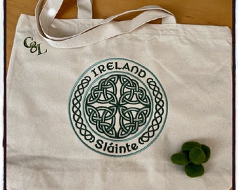 Ireland Sláinte Stamp Embroidered Canvas Tote Bag | Handmade | Magnetic Snap | Reusable | Shoulder Straps | Book Bag | Shopping | Beach Bag