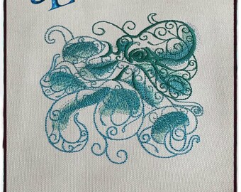 Aqua Marine Octopus Brodé Coudre sur patch | Fait à la main | Océan | Aquatique | Vie marine | Nautique | Patch en toile