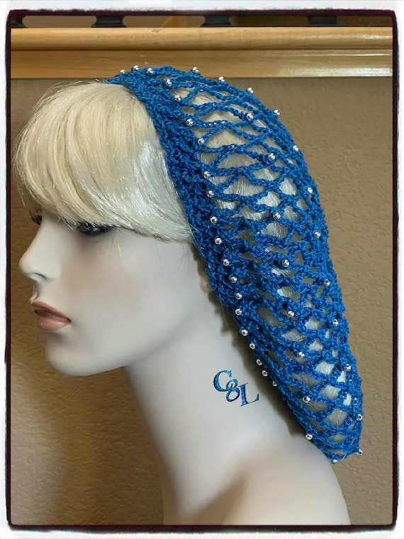 Blue Crochet Snood With Silver Beads: Renaissance, Medieval  display picture 1