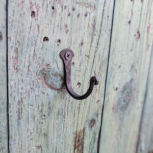 May include: A black metal hook is screwed into a weathered, light green wooden surface.