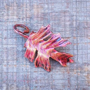 Hand forged iron oak leaf pendant Autumn red