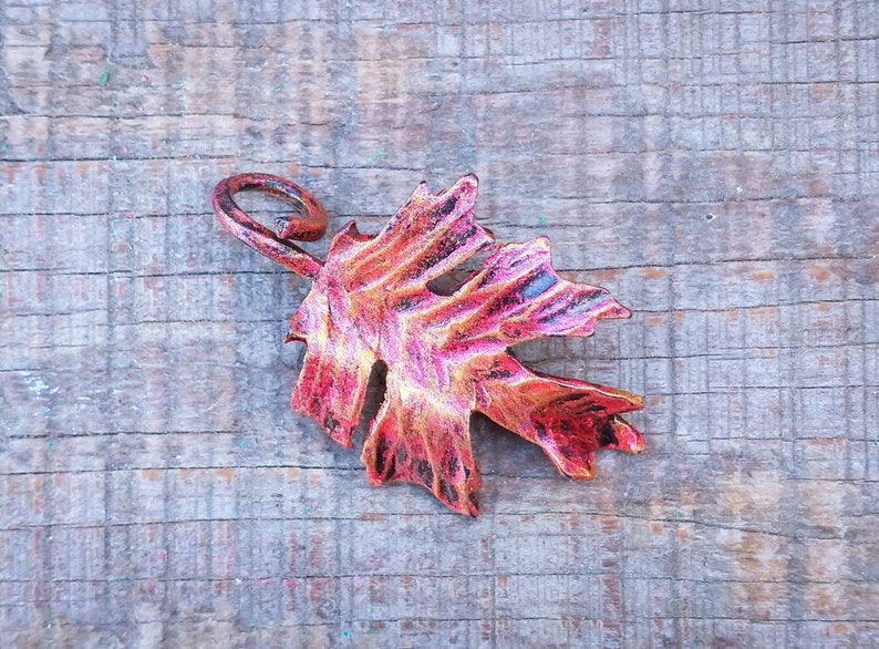 Hand forged iron oak leaf pendant Autumn red