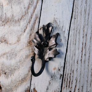 May include: A dark gray metal wall hook shaped like a maple leaf. The hook features a textured, hammered finish with a central black screw securing it to the surface. The lower portion of the leaf curves downward to form a functional hook.