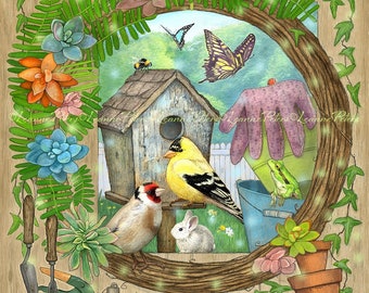 Goldfinch Art Print, Fern Wreath Art Print, Succulent Wreath Print, Birdhouse Art Print, Bird Art Print