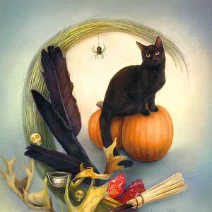 Cartão postal de gato preto, cartão postal de arte bruxa, cartão postal de Halloween, cartão postal de arte de abóbora, arte de vassoura de bruxa