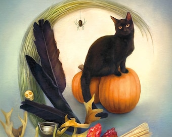 Black Cat Postcard, Witchy Art Postcard, Halloween Postcard, Pumpkin Art Postcard, Witches Broom Art