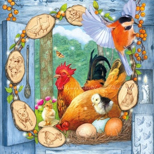 Tarjeta de felicitación de pollo, tarjeta de animales de granja, tarjeta de pollitos y huevos de primavera, tarjeta de arte de ganso de conejo de caballo de cerdo de oveja de gato