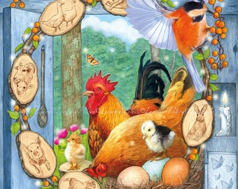 Chicken Greeting Card, Farm Animals Card, Spring Chicks and Eggs Card, Cat Sheep Pig Horse Rabbit Goose Art Card