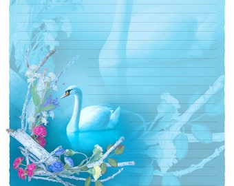 Digital Stationery Design by Leanne Peters - "Inner Grace" - Swan Art - Spring Art - Fantasy Art - Lined Stationery Art