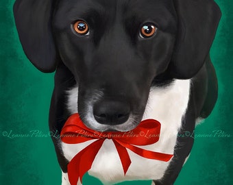 Christmas Art - Seasonal Art - Dog Art - Tuxedo Dog -Lab Mix - Cute Dog Art