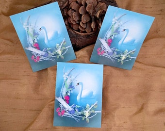 3 Swan Stickers - Shabby Shic Art - Flower Art Stickers - White Swan Art - Swan Art Stickers