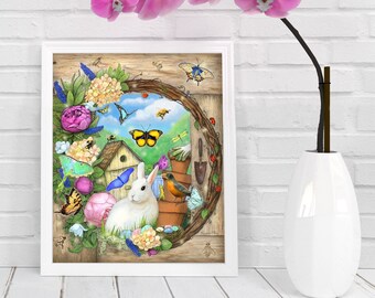 Spring Rabbit Print, Easter Print, Butterfly Art Print, Easter Eggs Print