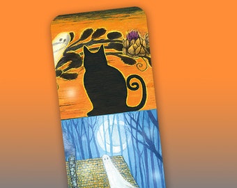 Black Cat Halloween Bookmark, Witchy Bookmark, Samhain Bookmark, Spooky Ghost Pumpkin Bookmark