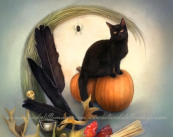 Black Cat Art Print, Halloween Art Print, Pumpkin Art Print, Witchy Art Print