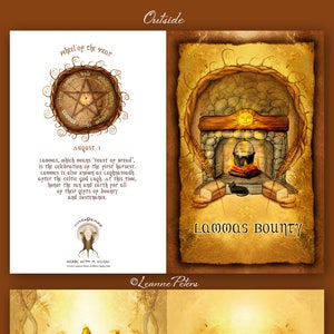 May include: A vintage-style illustration of a wheel of the year with the word "Lammas" highlighted. The illustration is surrounded by text that reads "August 1, Lammas, which means 'Feast of Bread', is the celebration of the first harvest. Lammas is also known as Lughnassadh after the Celtic god Lugh. At this time, honor the sun and earth for all of their gifts of bounty and sustenance." The illustration is set against a background of a rustic fireplace with a cauldron and loaves of bread. The text "Lammas Bounty" is written below the image.