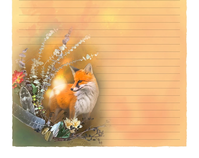 Featured listing image: Digital Stationery Design by Leanne Peters - "Fox Fall Magic" - Fall Art - Fox Art - Fantasy Art - Lined Stationery Art