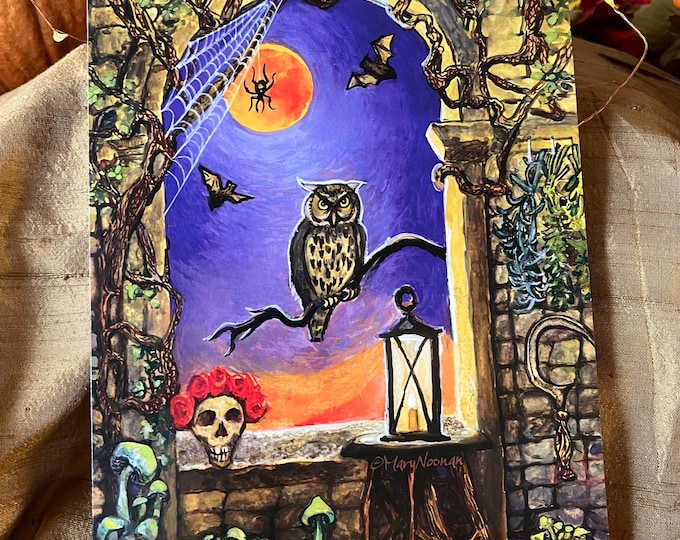 Featured listing image: Halloween Owl Witchy Stationery Set, Samhain Black Cat Magick Art Folder, Bookmarks, Stickers, Cards