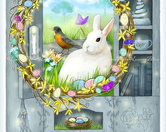 Digital Card Front - Easter Card - Wreath Art - White Rabbit Art - Spring - Primitive Cabinet Art - Farmhouse - by Leanne Peters