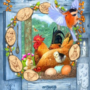 Chicken Art Print, Farm Animals, Spring Chicks and Eggs Print, Cat Sheep Pig Horse Rabbit Goose Art Print