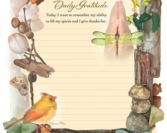 Digital Stationery Design by Leanne Peters - "Daily Gratitude" - Dragonfly Art - Spring Art - Cardinal Art - Lined Stationery Art