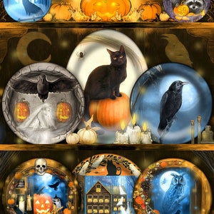 Halloween Animal Art Print, Black Cat Raven Owl Art Print, Spooky Whimsical Art Print, Witchy Art Print