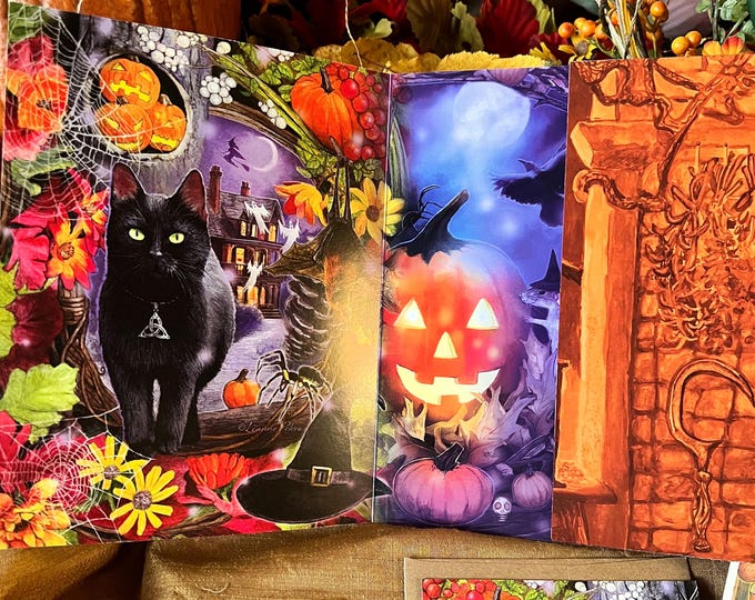 Featured listing image: Halloween Animal Stationery Art Kit, Samhain Art Folder, Bookmarks, Stickers, Cards of Owls, Cats