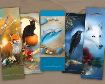 Animal Bookmark Value Set - 5 Bookmarks - Bookmark Set - Dolphin Bookmark - Wolf Bookmark - Fox Bookmark - Cat Bookmark - Raven Bookmark