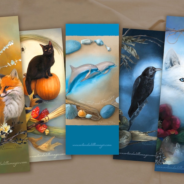 Animal Bookmark Value Set - 5 Bookmarks - Bookmark Set - Dolphin Bookmark - Wolf Bookmark - Fox Bookmark - Cat Bookmark - Raven Bookmark