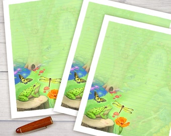 Fantasy Garden Stationery Paper, Frog Dragonfly Stationery Paper Set, Summer Stationary, Writing Paper, Lined Paper, Woodland Paper