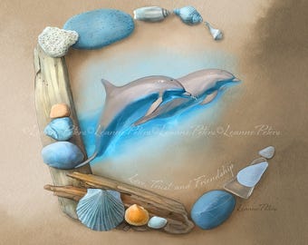 Dolphin Art Print, Ocean Art Print, Sea Glass Sea Shells Print, Beach Art