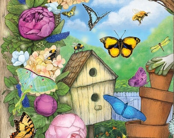 Butterflies and Bees Postcard, Spring Art Postcard, Birdhouse and Wreath Art Card, Flower Art Postcard