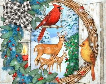 Christmas Art Print, Deer and Cardinals Art, Cardinal Pair Art, Buffalo Checked Gift Bow Holiday Wreath