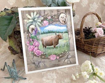 Scottish Highland Cattle Print, Highland Cow Art, Spring Wreath Animal Print, Cow Print