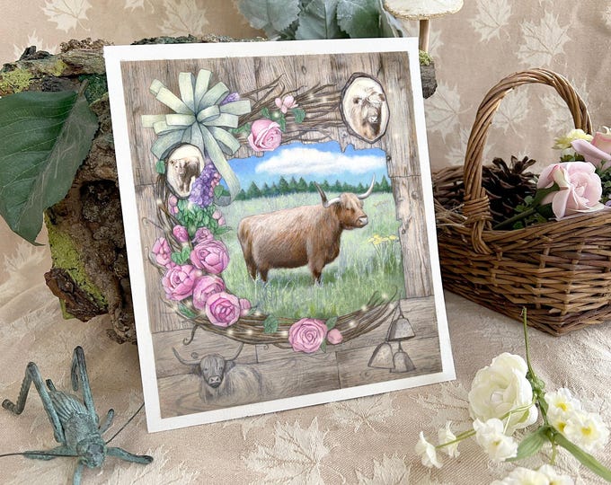 Featured listing image: Scottish Highland Cattle Print, Highland Cow Art, Spring Wreath Animal Print, Cow Print