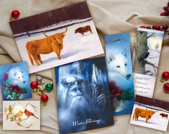 Holiday Card and Bookmark Gift Set - Pack of 7 Items - Highland Cow Holiday Greeting Card - Winter Art Stickers - Bookmark Set