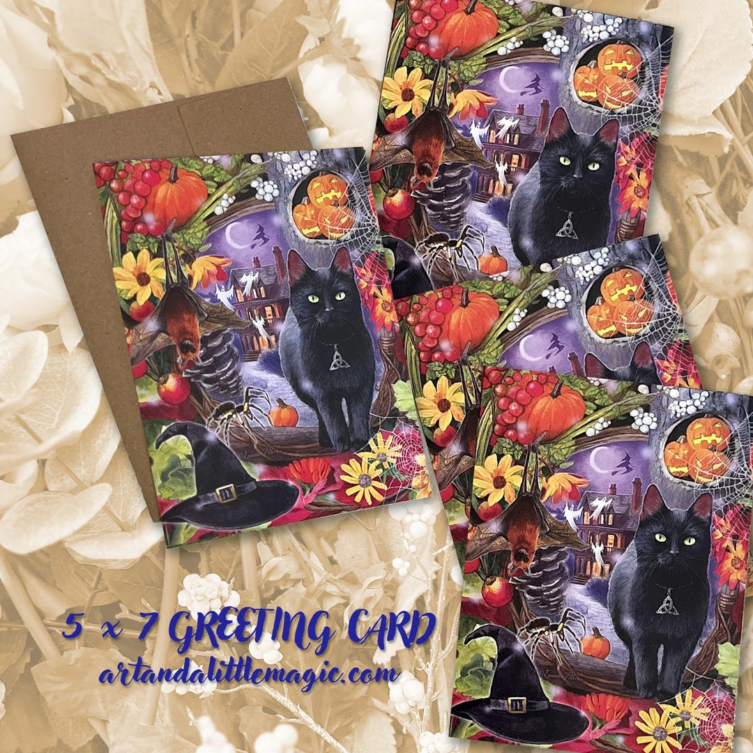 Black Cat Greeting Card, Halloween Art Card, Haunted Mansion Card - Etsy
