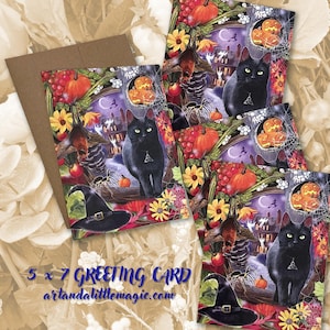Carte de voeux chat noir, carte d'art Halloween, carte manoir hanté
