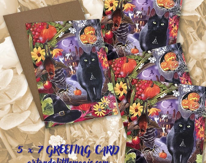 Featured listing image: Black Cat Greeting Card, Halloween Art Card, Haunted Mansion Card