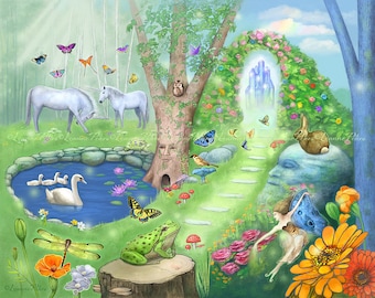 Fantasy Garden Art Print, Children's Art, Unicorn Swan Frog Butterfly Art, Fairy Art