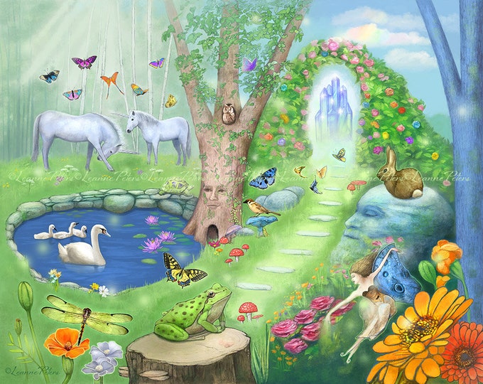 Featured listing image: Fantasy Garden Art Print, Children's Art, Unicorn Swan Frog Butterfly Art, Fairy Art