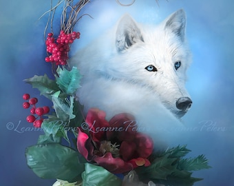 White Wolf Art Print, Floral Christmas Wreath Print, Spirit Animal Print, Winter Solstice Art Print