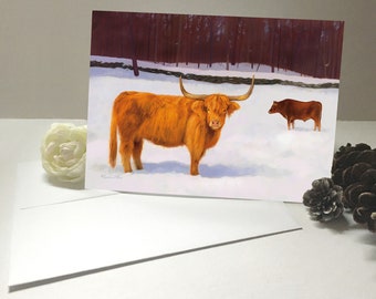 Highland Cow Christmas Cards - Greeting Card - Red Cow Card - Highland Cattle Art