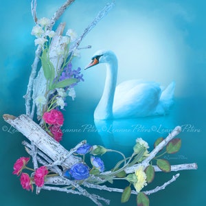 White Swan Art Print, Flower Print, Spirit Animal Print, Inspirational Print