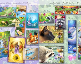 Cute Animal Bookmark Postcard Sticker Set, Bridget Voth and Leanne Peters Art, Kitty Cat Bookmarks, Fairy Bookmark