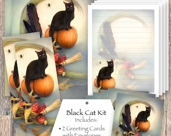 Black Cat Stationery Set, Black Cat Bookmark, Black Cat Stickers, Black Cat Greeting Cards