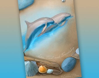 Dolphins Art Bookmark, Ocean Themed Bookmark, Sea Glass and Shells Bookmark, Beach Bookmark