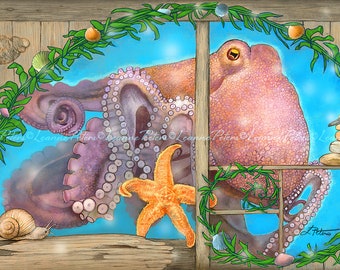 Octopus Art Print, Ocean Animals Art, Starfish Art Print, Stone Cairn Art