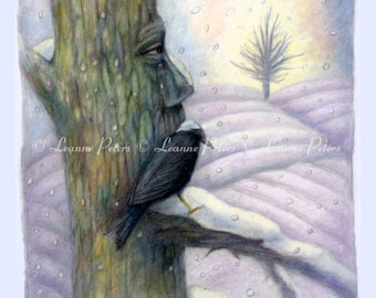 Tree Spirit Art Print, Whimsical Crow Art Print, Wintery Day Print, Friendship Art Print