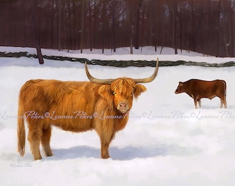 Scottish Highland Cattle Print, Highland Cow Art, Winter Animal Scene Print, Cow Print